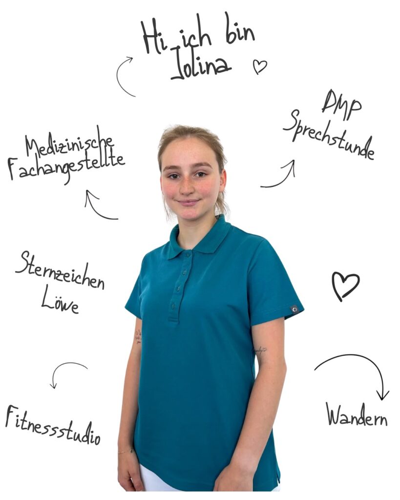 Jolina Hanneder, umgeben von handgeschriebenen Stichworten: Medizinische Fachangestellte, DMP-Sprechstunde, Sternzeichen: Löwe, Fitnessstudio, Wandern