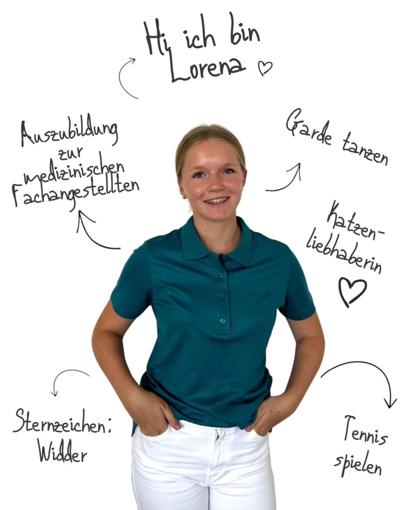 Lorena Baltinger, umgeben von handgeschriebenen Stichworten: Ausbildung zur Medizinischen Fachangestellten, Garde tanzen, Katzenliebhaberin, Sternzeichen: Widder, Tennis spielen