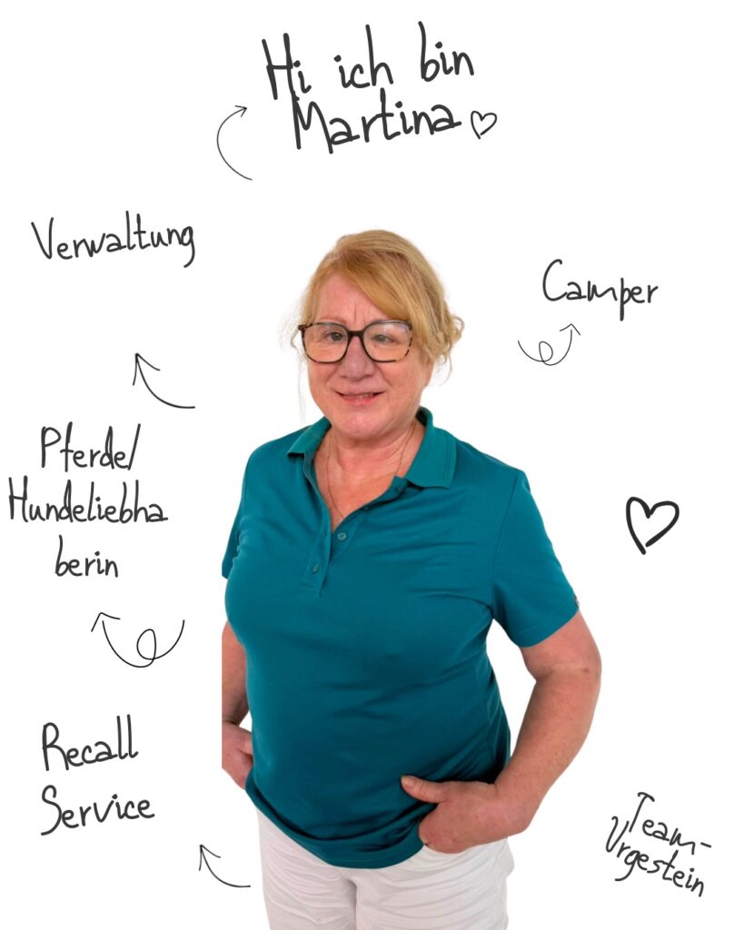 Martina Maydl, umgeben von handgeschriebenen Stichworten: Verwaltung, Camper, Pferde- und Hundeliebhaberin, Recall Service, Team-Urgestein