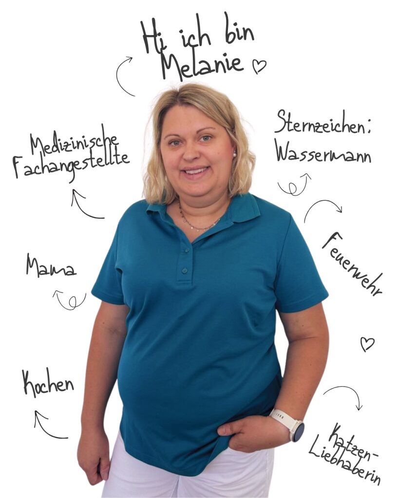 Melanie Gerl, umgeben von handgeschriebenen Stichworten: Medizinische Fachangestellte, Sternzeichen: Wassermann, Feuerwehr, Mama, Kochen, Katzenliebhaberin