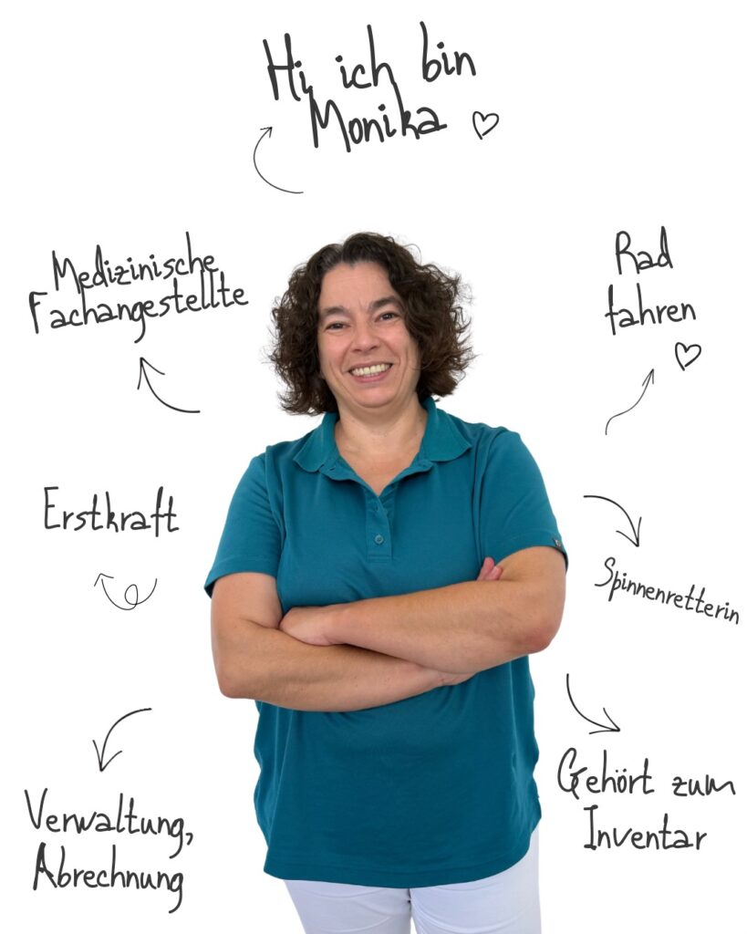 Monika Feicht, umgeben von handgeschriebenen Stichworten: Medizinische Fachangestellte, Rad fahren, Erstkraft, Spinnenretterin, Verwaltung, Abrechnung, gehört zum Inventar