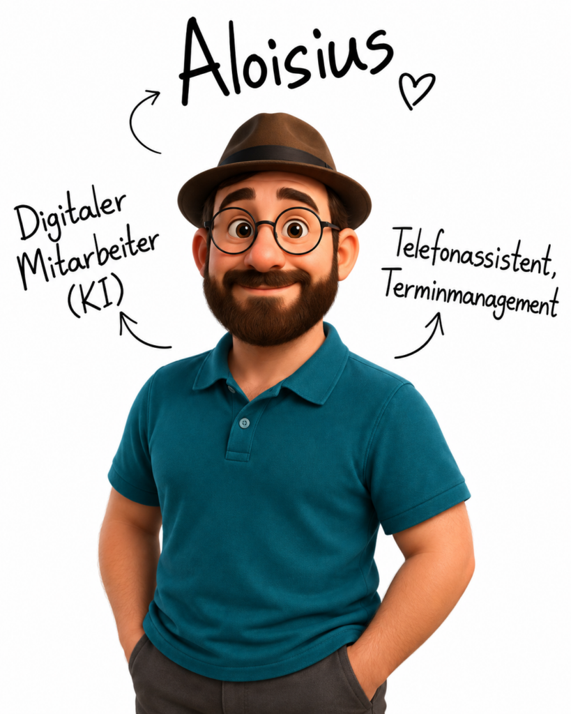 Aloisius, umgeben von handgeschriebenen Stichworten: Digitaler Mitarbeiter (KI), Telefonassistent, Terminmanagement